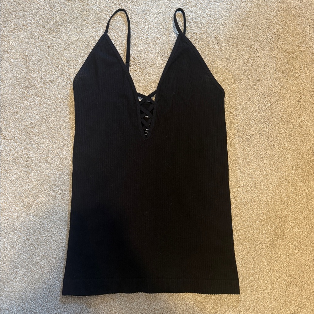 Free People Black Lace-Up Tank Top